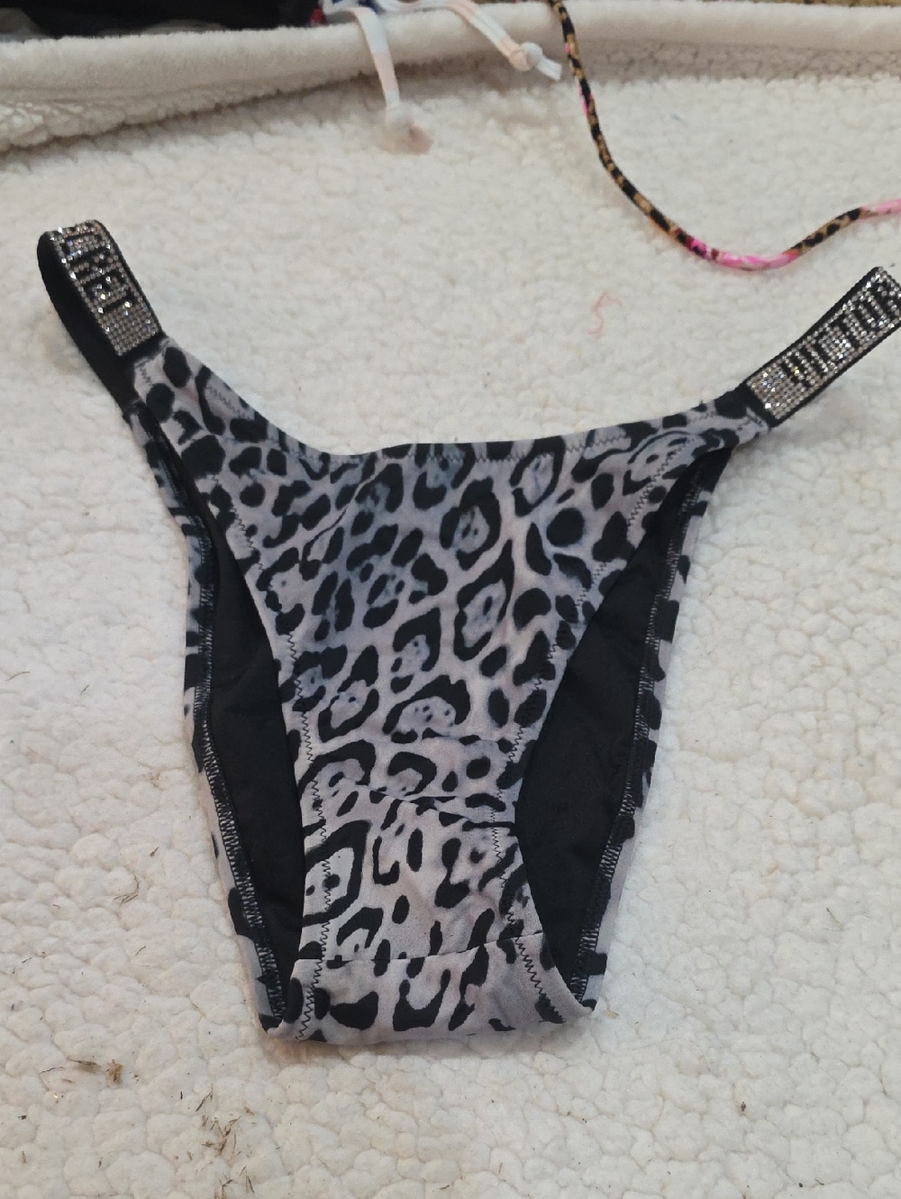 Leopard Print Bikini Bottom with Rhinestone Straps - Gray & Black